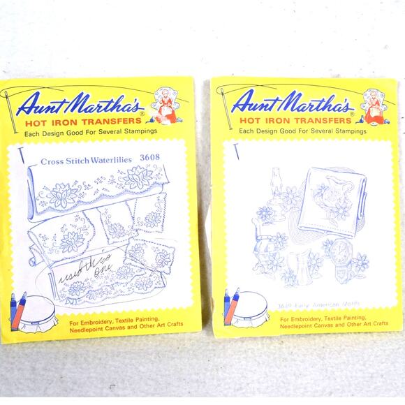 2 Aunt Martha's Hot Iron Transfers Early Am Motifs & Cross Stitch Waterlilies - Picture 1 of 3